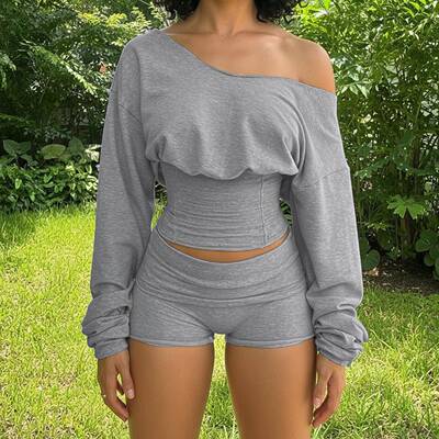Women Casual Two Set Crop Sleeve Slim Shorts Spring Fall