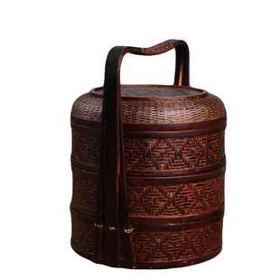 竹编制品老式食盒多层手提竹编带盖提篮子中式复古古代双层提盒