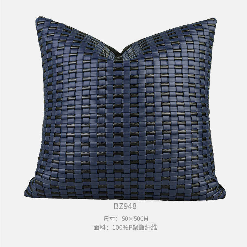 轻简约现代枕样板房靠垫抱编织靠枕蓝黑色沙发奢腰枕意皮质手工式