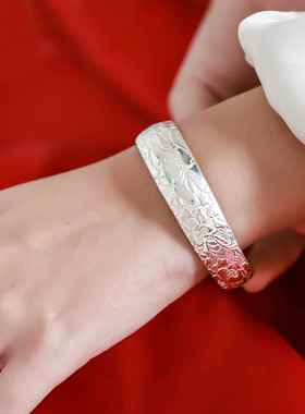 高档足银简99送镯99手纯银女新款妈妈中老年人开口约牡丹莲花百福