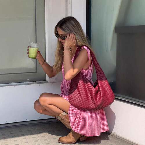Women's Gingham Print Bow Decor Tie Shoulder Dress  Casual
