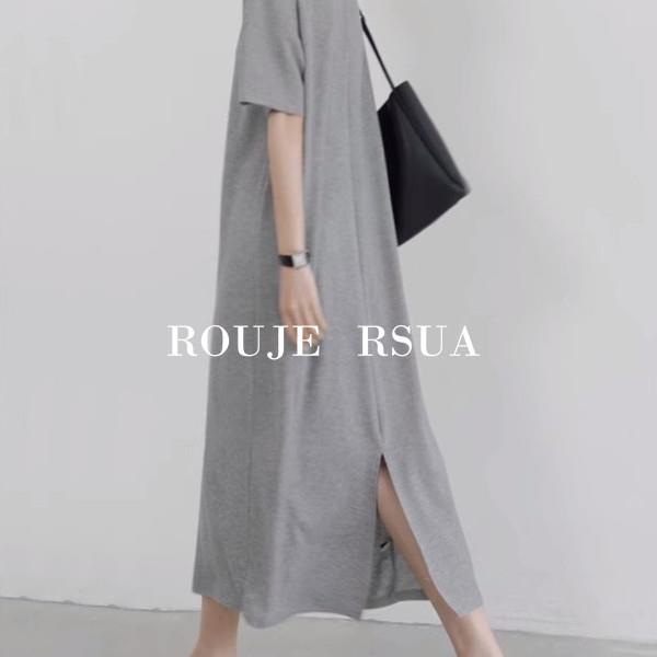 ROUJE RSUA法式垂感宽松过膝连衣裙长裙新款简约纯色开叉t恤裙女