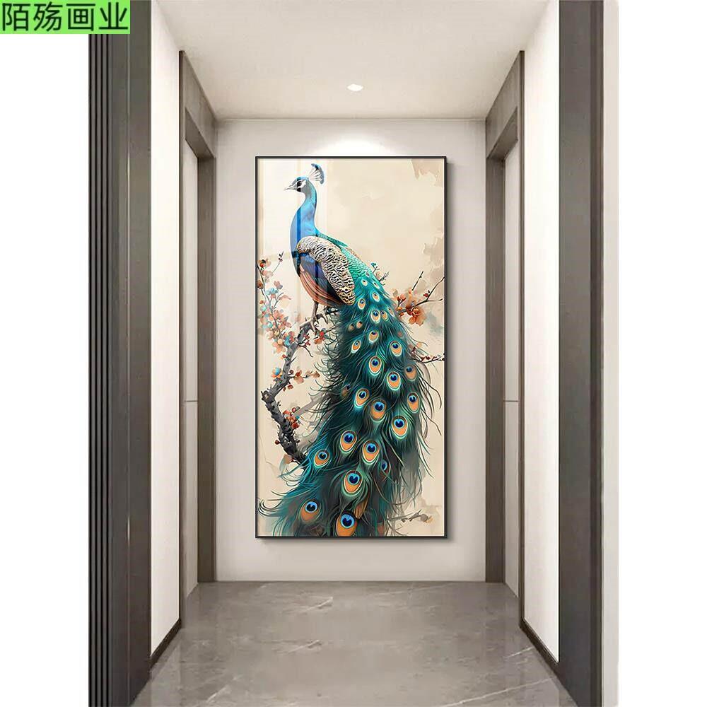 玄关装饰画竖版走廊过道挂画中国风入户客厅正对门墙画孔雀壁画