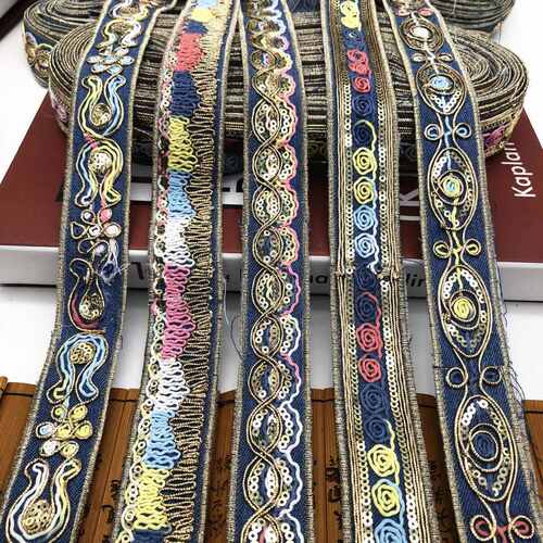 服装辅料风 绣花刺绣底牛仔布 花边 花边条码彩色民族骨绳批发