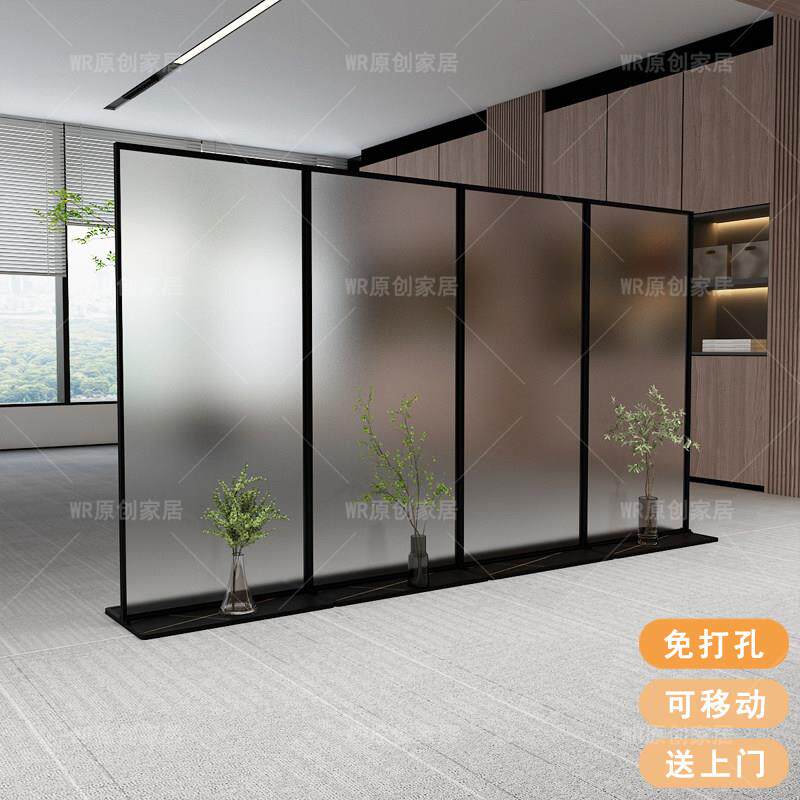 现代简约办公室屏风公司玄关直播间饭厅半墙挡板铁艺移动玻璃隔断