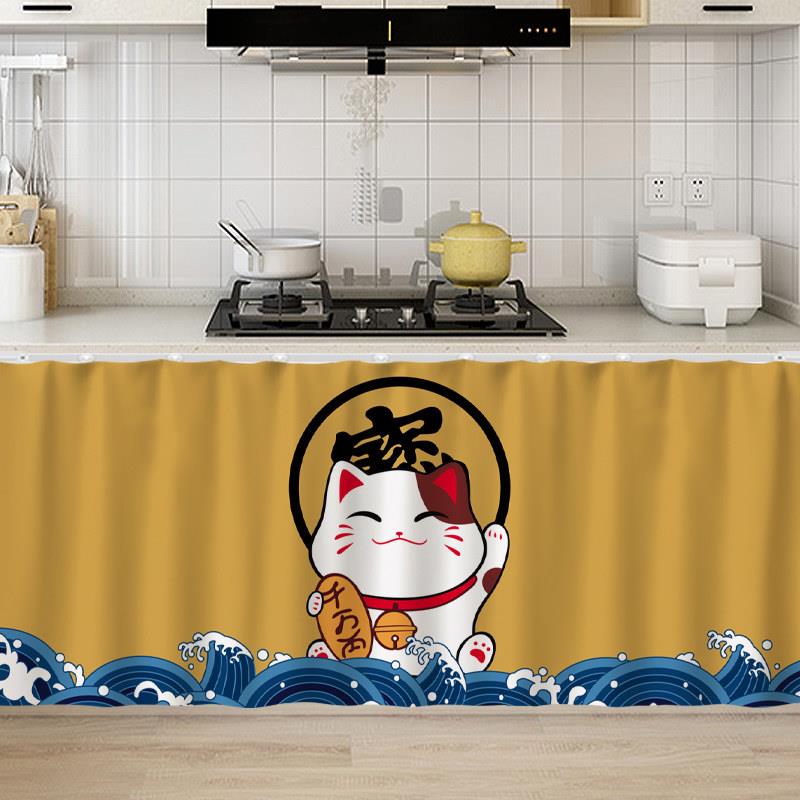 整体橱柜遮挡帘出租房免打孔厨房?具车简易帘拉帘遮挡布防水防油