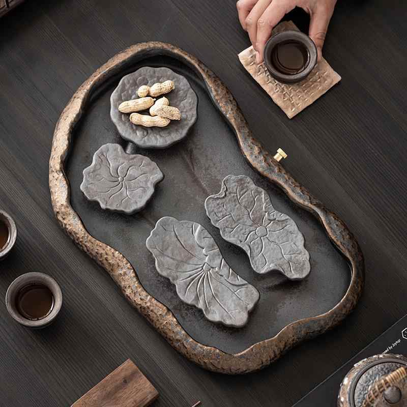 中式用荷叶茶家客厅小型陶瓷复古茶几干泡托台储水LWE排水盘式泡