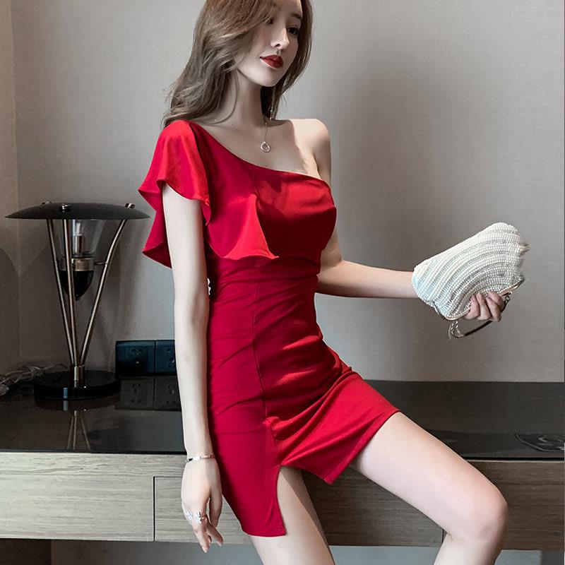 夜店装女低胸斜肩性感短裙夜场技师服桑拿足浴按摩工作服连衣裙子