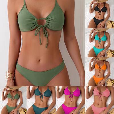 Twopiece Set Womens Solid Ruched Bikini Set Casual