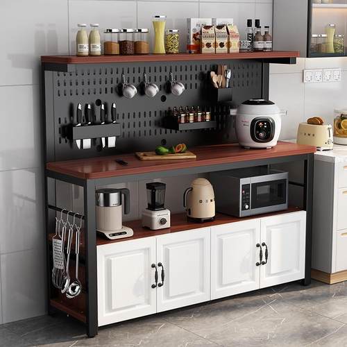 洞洞板厨房切菜操作台落地多层微波炉烤箱置物架收纳储物柜餐边柜