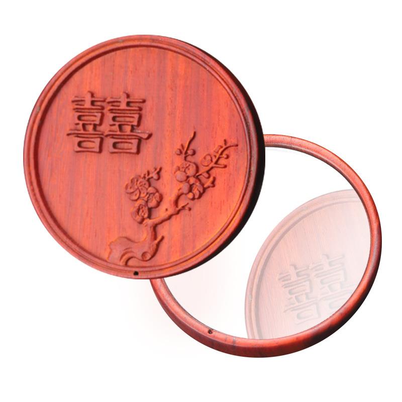 精雕檀木化妆镜绿檀梳妆镜便携复古沉贵宝梳妆镜红木圆形小镜子