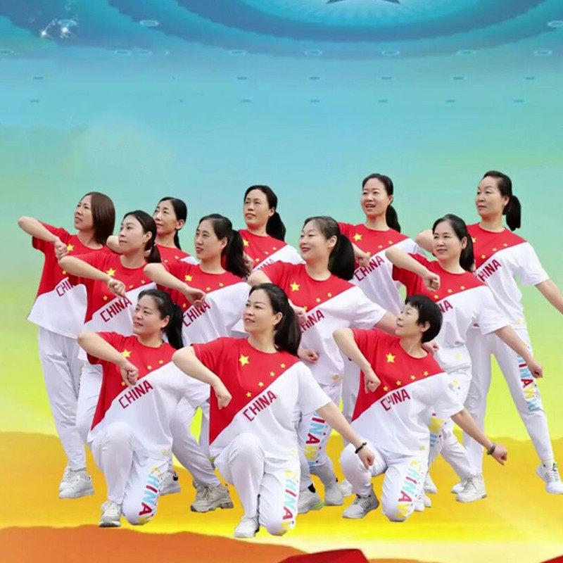 云尚广场舞服装新款短袖红歌队表演舞蹈服装休闲运动套装女式加码