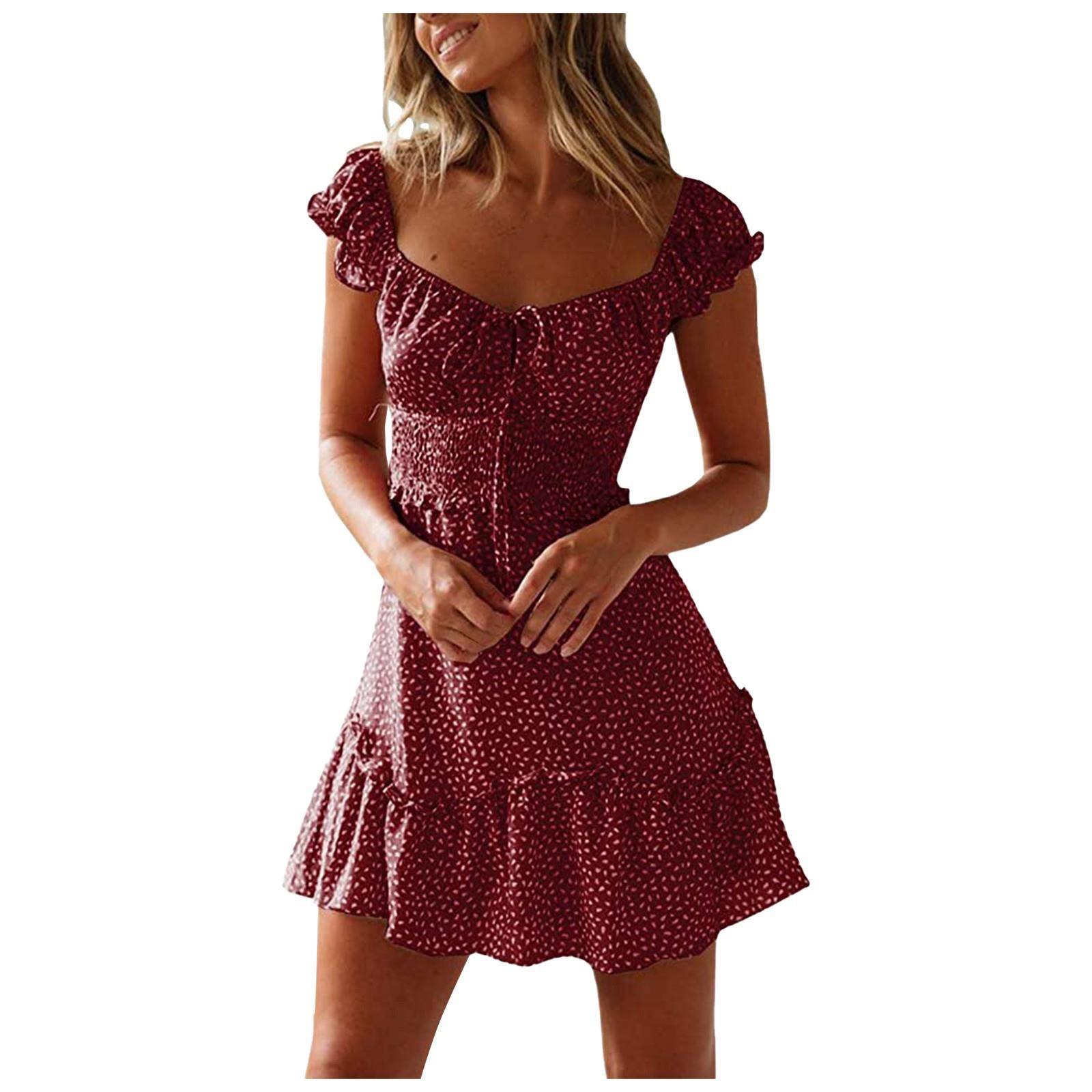 Womens Summer Ruffle Dress Square Neck Printed Short Sleeve图片