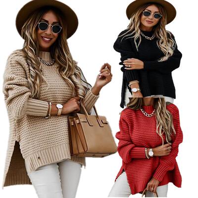 Knitted sweater with half high collar and side slit,
