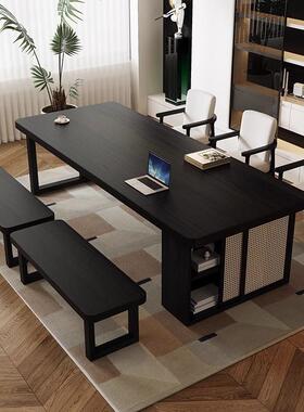 黑色全实书桌书柜一体MNN学习办木公工作桌台大桌去板客厅化长条