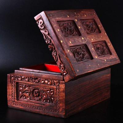 高档手工收木雕珠宝首饰盒核桃木新基婚大双层礼品盒镶嵌纳铜花巴