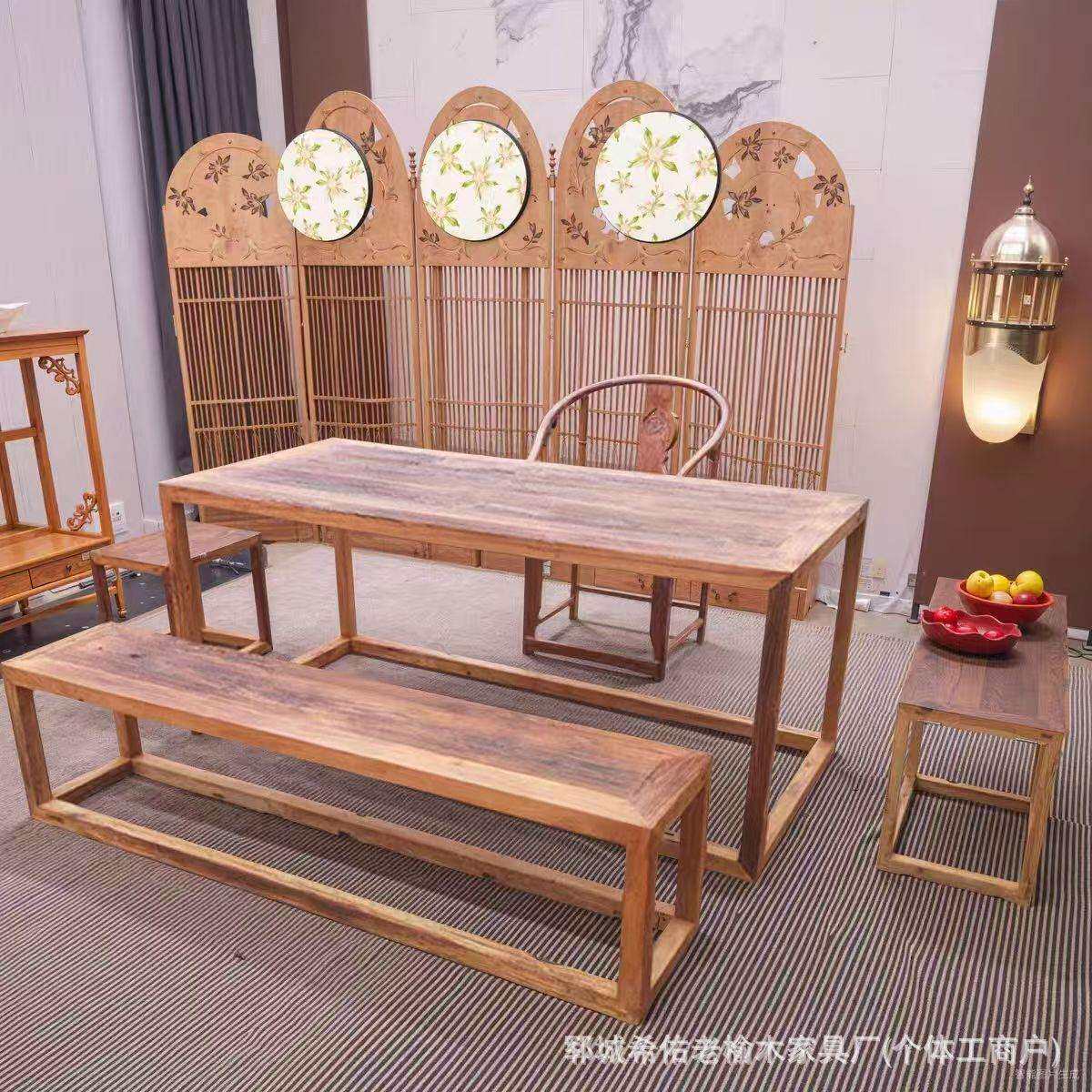 老榆木餐桌椅组合家用长方形餐桌实木民宿酒店餐桌茶室洽谈桌椅