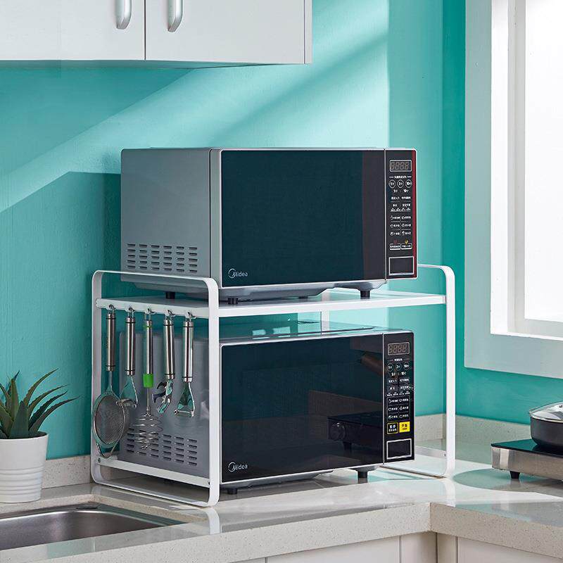 白色简约微波炉置物架 固定双层铁艺多用途烤箱锅具调料收纳整理