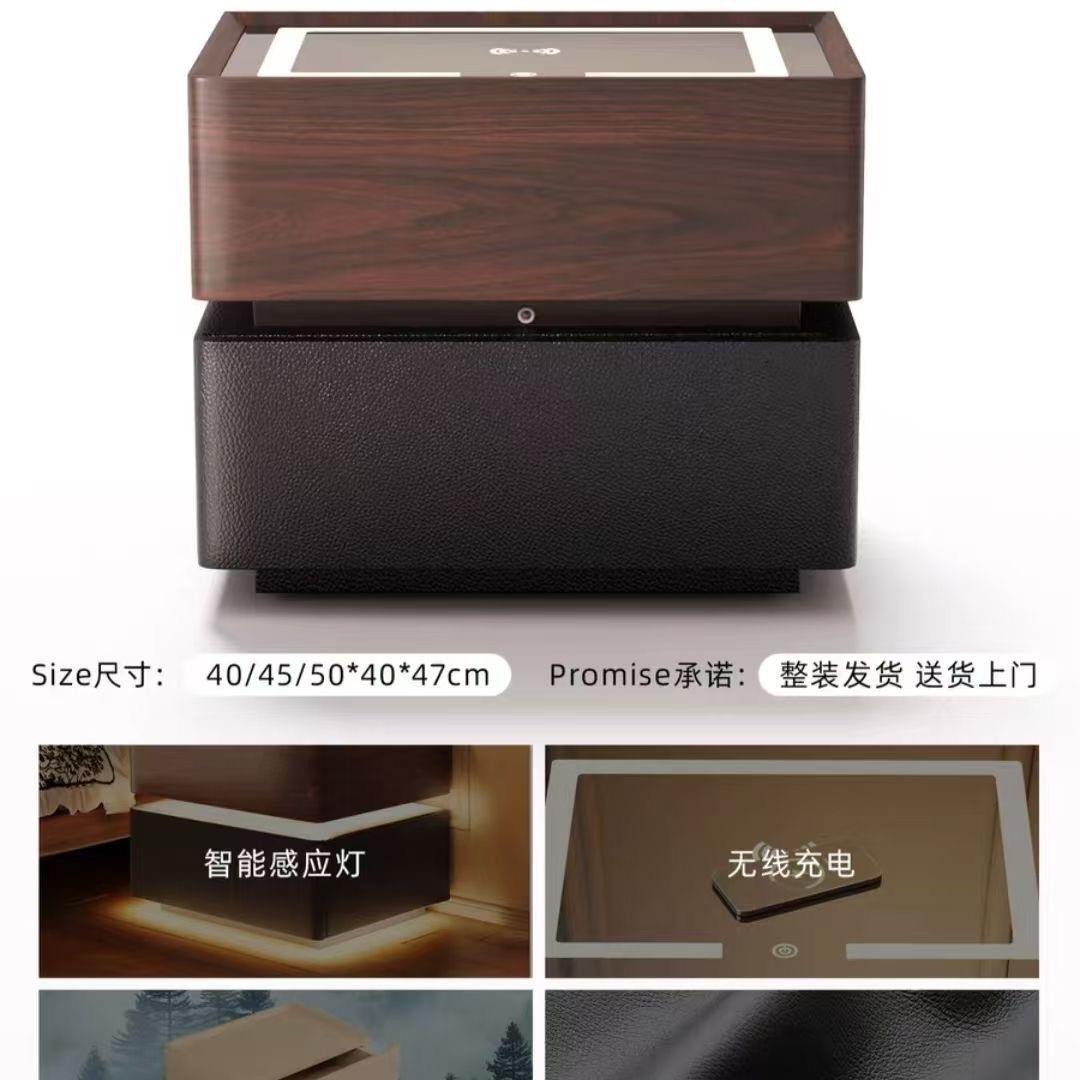 智桃能床头柜用带灯卧室中风实木胡色床边柜意家式二抽直角轻奢储
