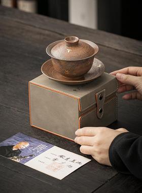 曾泡广旭柴烧工三才盖碗茶tb-77519粗套单个小全手原矿铁胎茶碗高