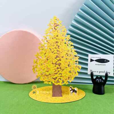 高档日式女秋立体贺天卡银杏树黑柴母亲心意礼物友男友生日祝节福