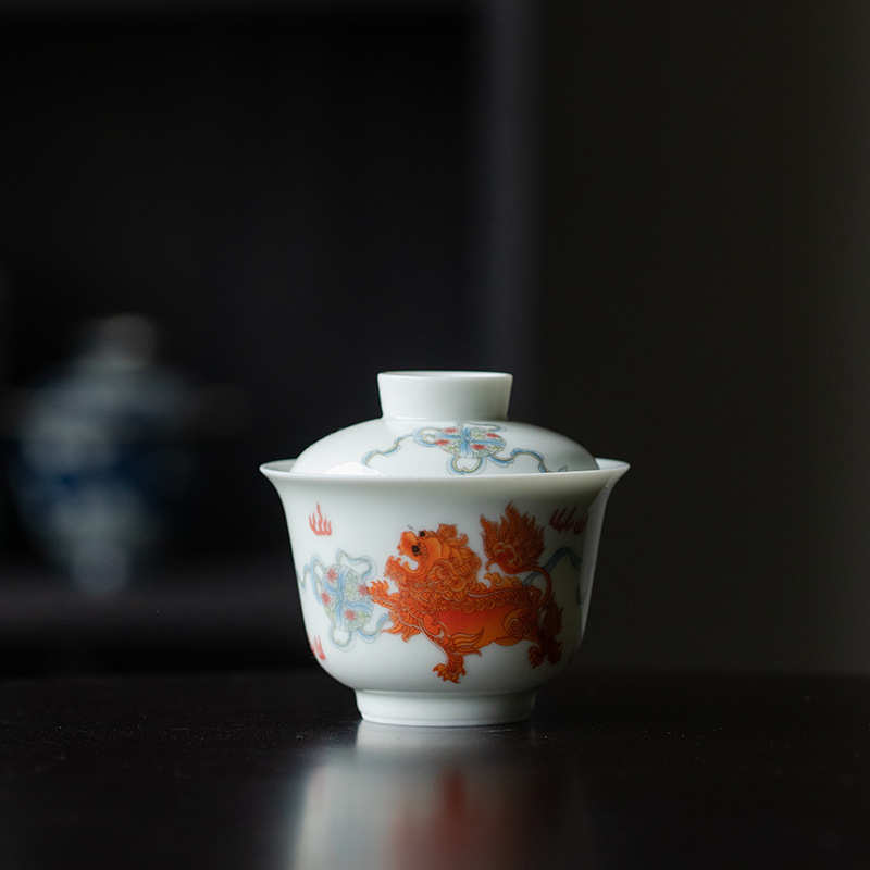 仿古青花矾红狮子滚绣球盖碗家用小号茶碗茶杯陶瓷功夫茶具泡茶碗 - 实物图