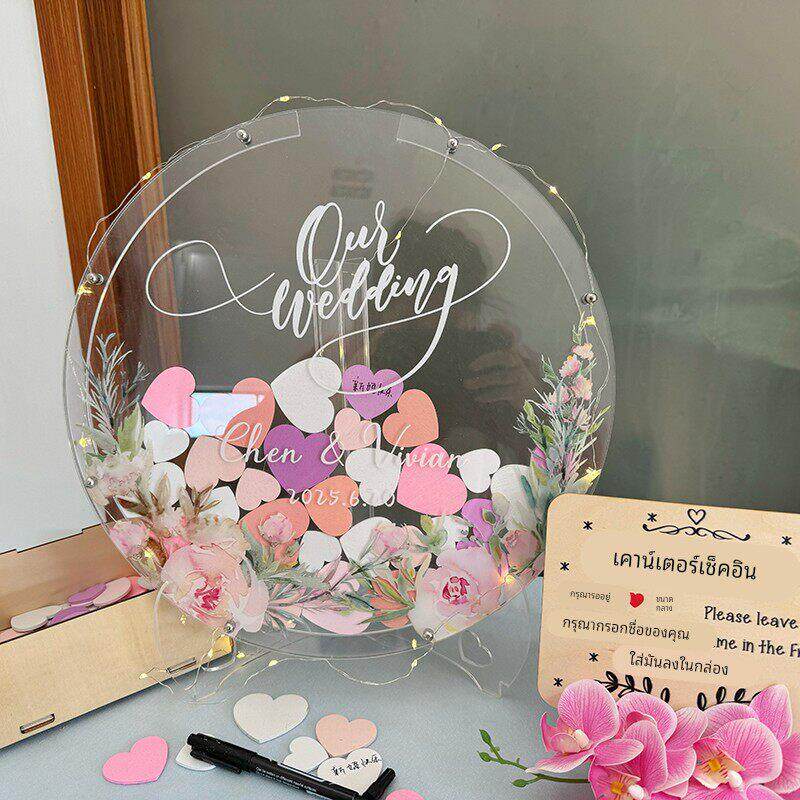 稻草兔兔覆古婚礼创意桌面签到框粉色婚庆木片签到本叶子签名册