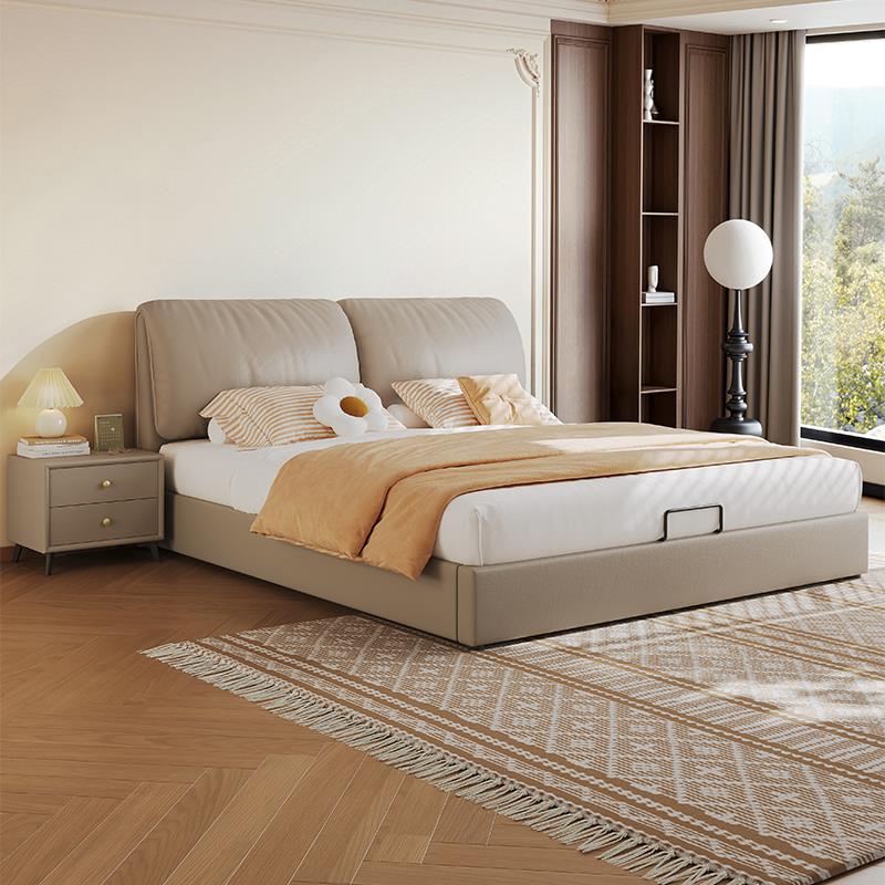 现代简约科技布奶油风大象耳朵真皮床软包收纳储物主卧双人床婚床