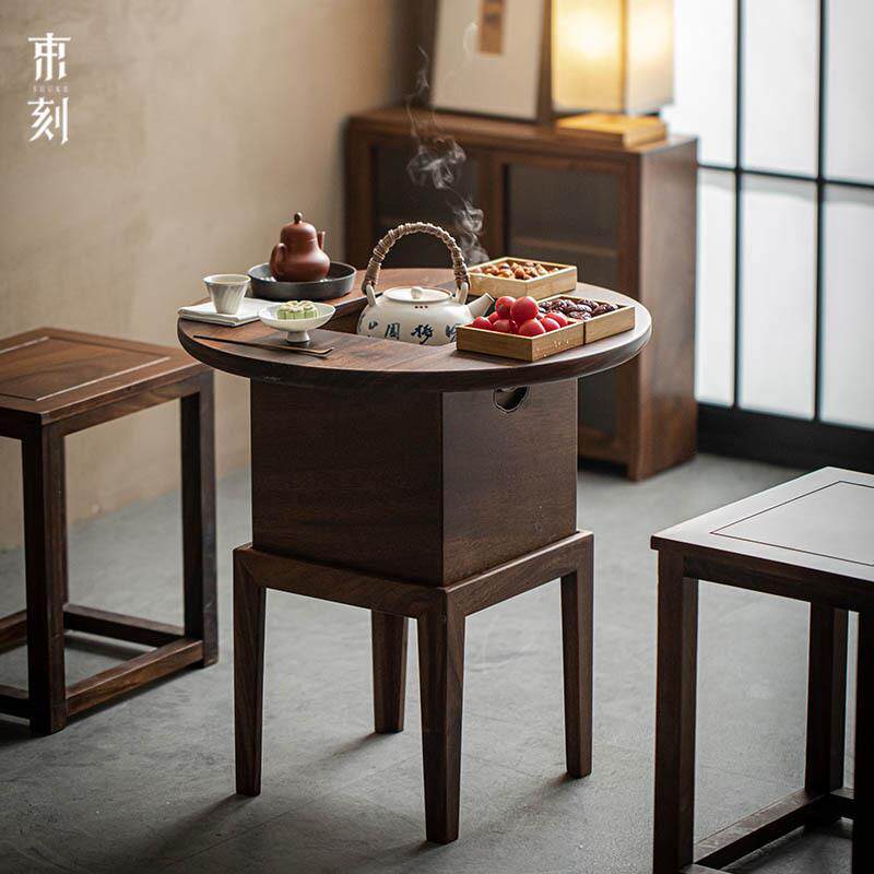 束刻黑胡桃木日式火钵围炉夜话煮茶茶桌套装茶空间取暖茶桌