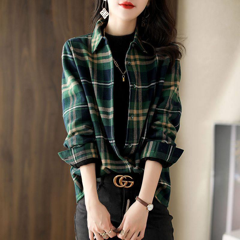 欧洲站格子衬衫女复古休闲2025新款春秋冬加绒加厚时尚宽松磨毛衣