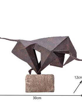新中式创意斗牛摆件简约样板间软装客厅桌书柜桌面几何折纸铁牛