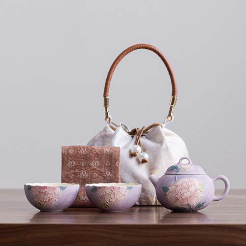高颜值手绘牡丹旅行茶具外出便携式收纳包茶壶茶杯户外泡茶一人用