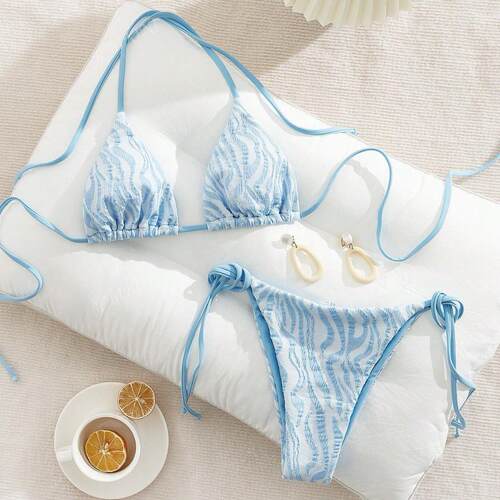 Light Blue Zebra Print Halter Triangle Bikini Swimsuit Set