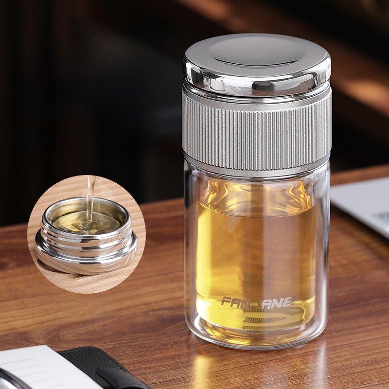 玻璃男士高档隔茶杯,双层隔热防烫家用水杯,女士手提式茶杯