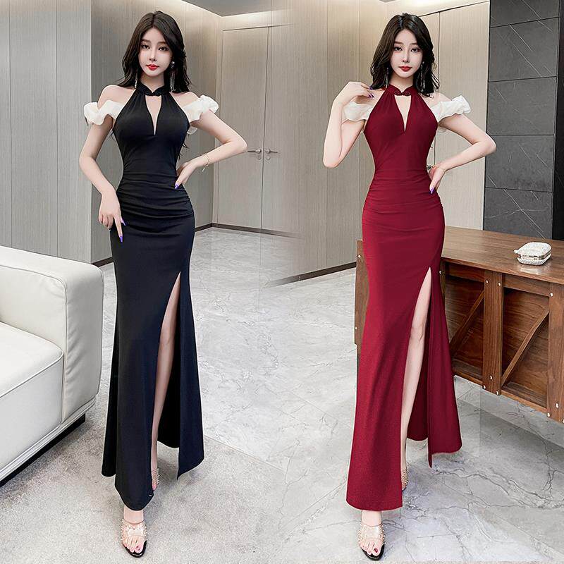 高级晚礼服性感洋装包臀开叉按摩长裙子按摩足浴技师工作服