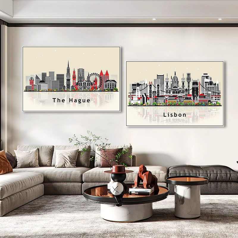 北欧书房挂画欧式餐厅装饰画简约墙面建筑复古壁画客厅现代彩色图片