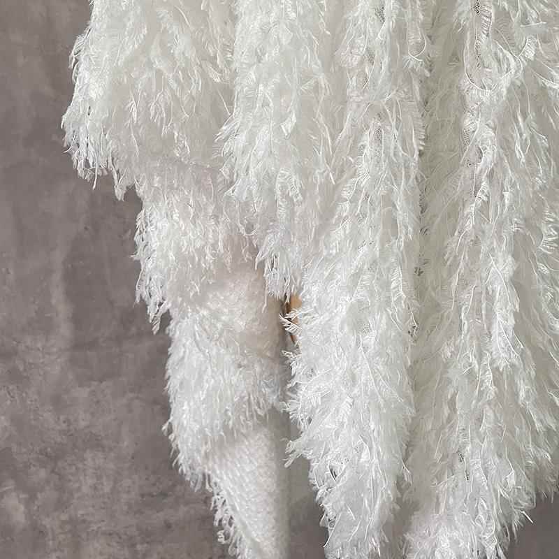 白色羽毛面料长流苏毛绒布料设计师婚纱抱枕窗帘背景玩偶肌理面料