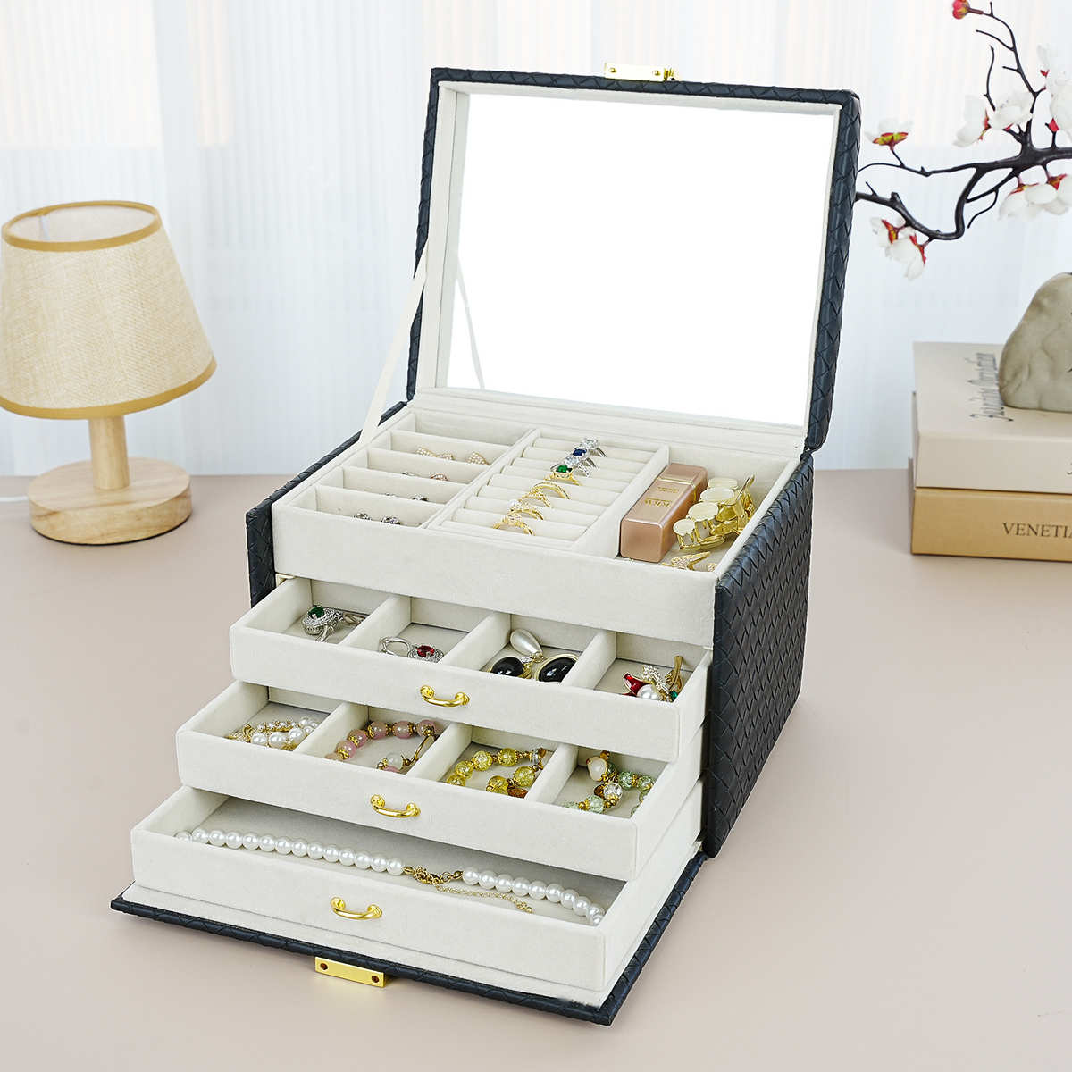 2025新款编织纹皮革首饰盒手提三层抽屉珠宝首饰收纳盒带镜子