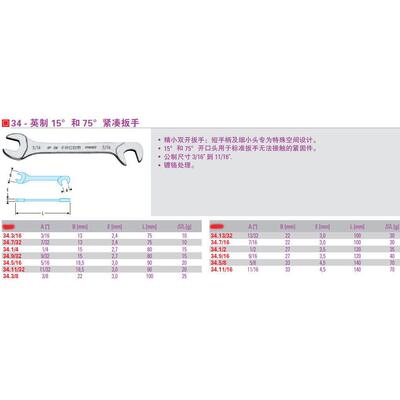 英制 双开口扳手 15°和 75°紧凑斜口扳手 开口 1/2 34.1/2