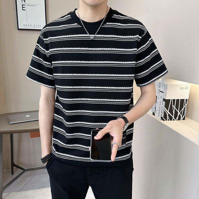 男士条纹短袖t恤夏季2026新款美式高端潮牌圆领半袖宽松休闲男装
