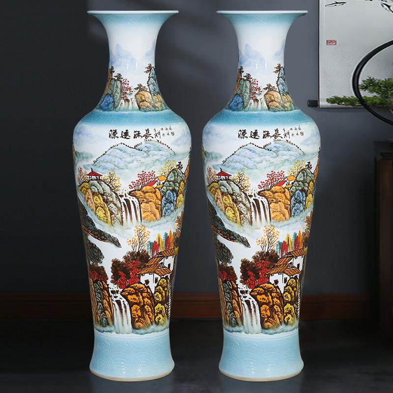 景德镇陶瓷手绘源长落地式大花瓶家居客厅电视柜中式大型摆件