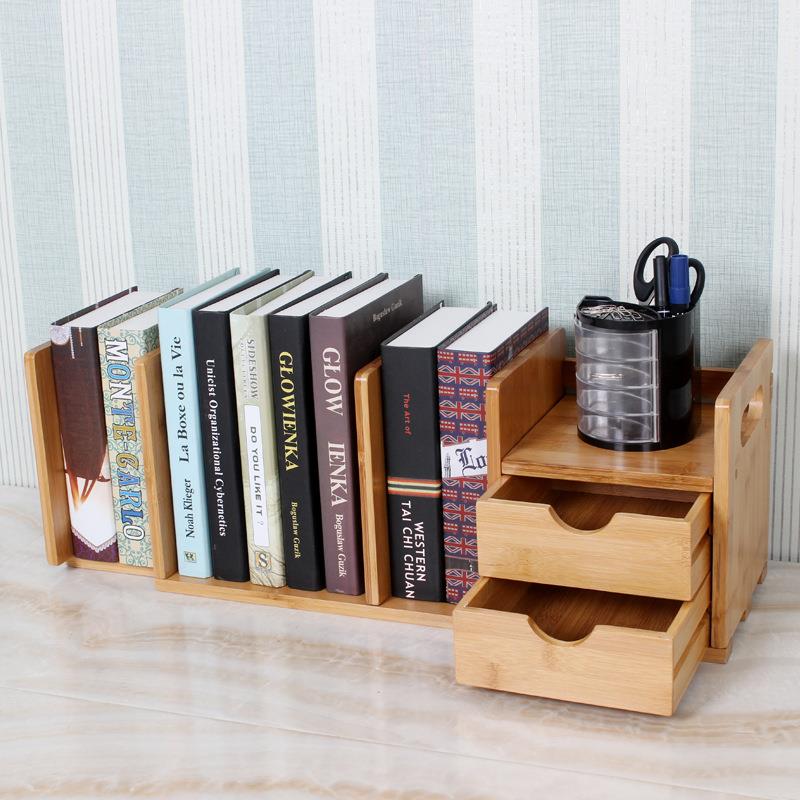 九伸强简架XBI楠竹桌面小书架易实木书学生桌上缩书架双抽屉小书