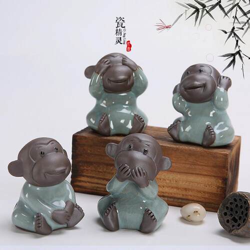 瓷精灵龙泉青瓷四不猴子茶宠茶具配件不看不听不说三不猴陶瓷摆件