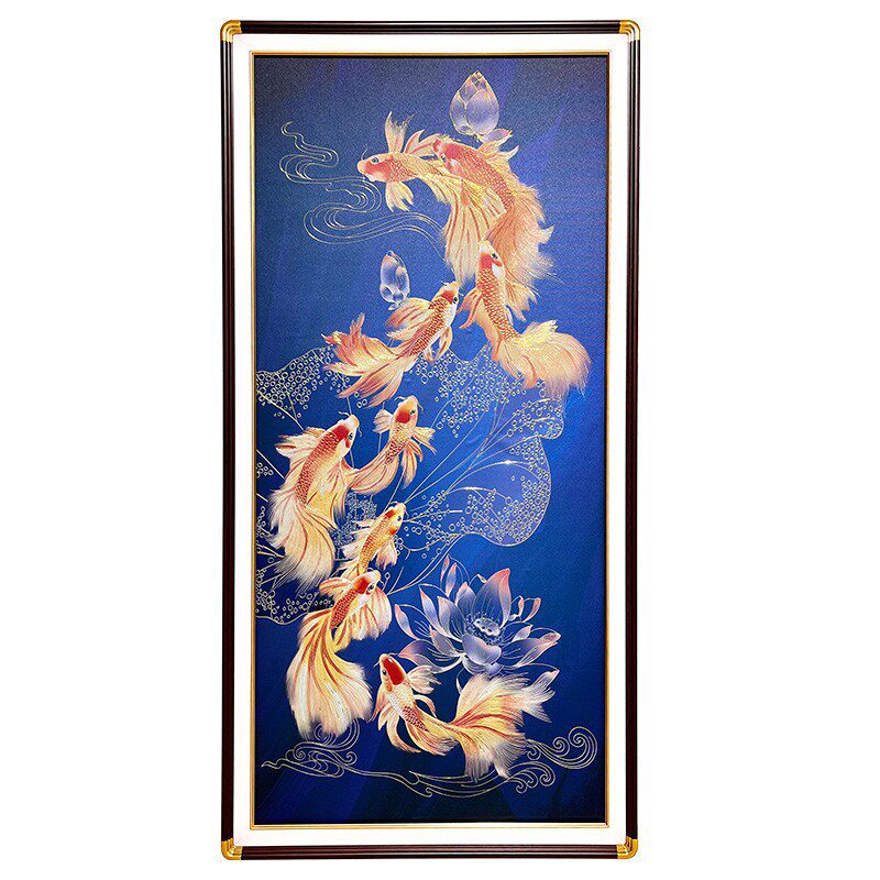 浮雕描金荷花鱼图新中式玄关装饰画3DUV打印立体肌理过道挂画