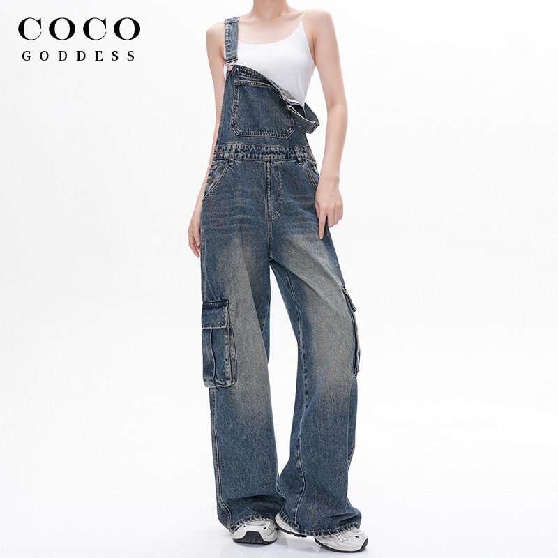 COCO&GODDESS设计感背带裤女2025秋季新款侧边口袋高腰直筒牛仔裤