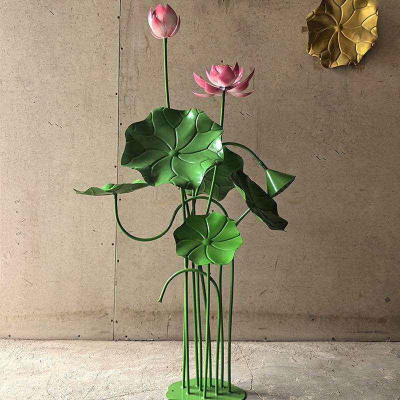 鱼池立体摆件真创意水池庭院景观不锈钢荷叶莲花水景装饰荷花植物