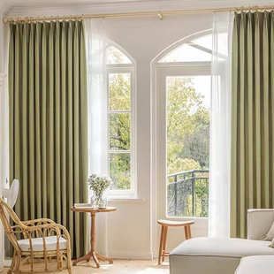 卧室复古绿轻遮光现代茶窗帘抹窗客厅阳台绒布 奢美式 帘布法式 新款