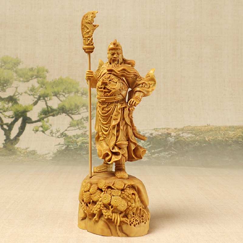 黄杨木雕摆件木质把玩财工艺品武财神关公关云长立松关公竖刀关公