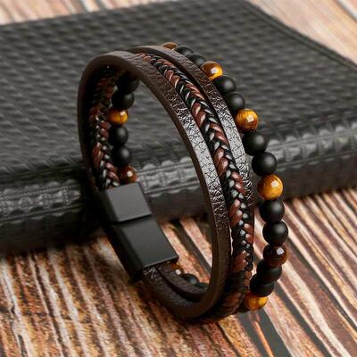 High Quality Leather Bracelet Men Classic Fashion Tiger Eye