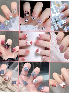 24Pcs French With Drill Short Fake Nails Press On Nail Tips